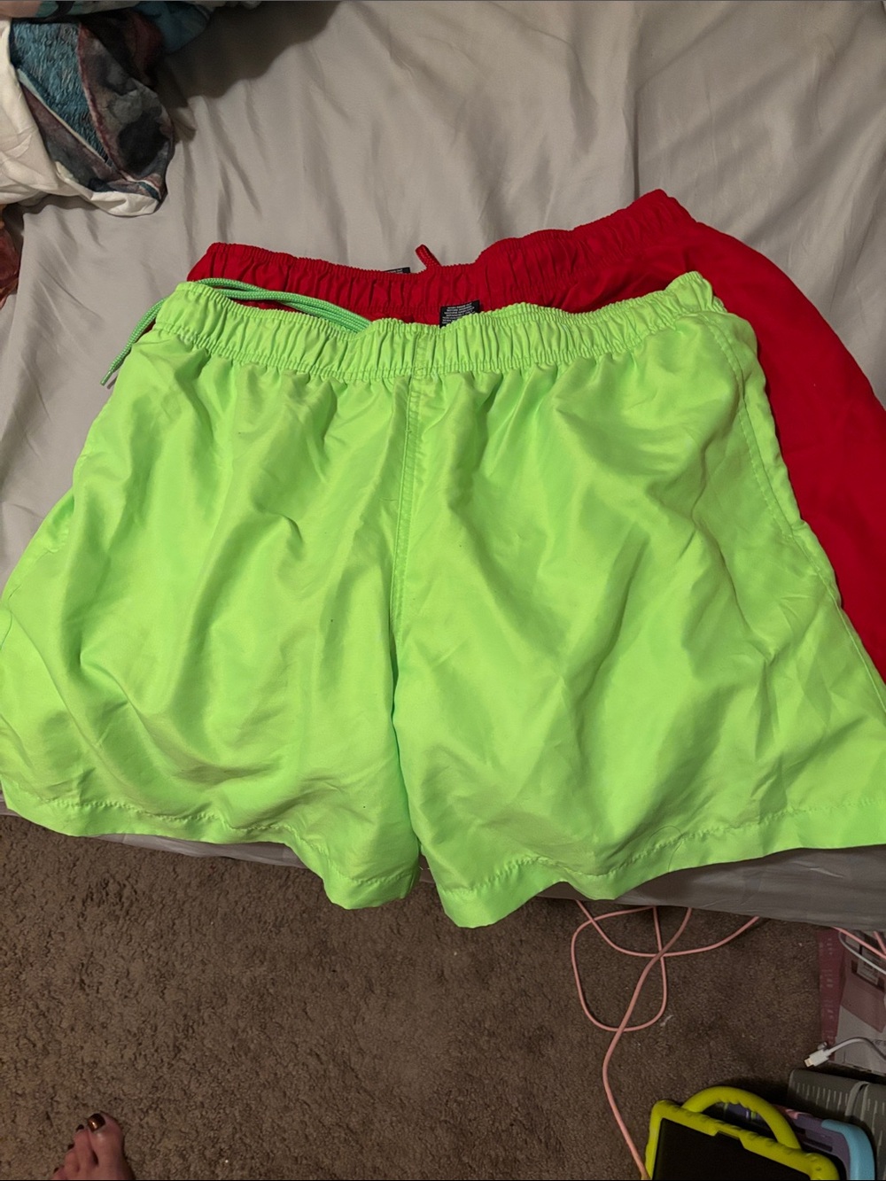 Neon Green & Red netted Swim Shorts